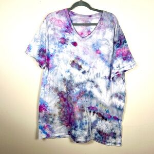 Ice dyed tie dyed upcycled purple multicolor V Neck cotton T Shirt